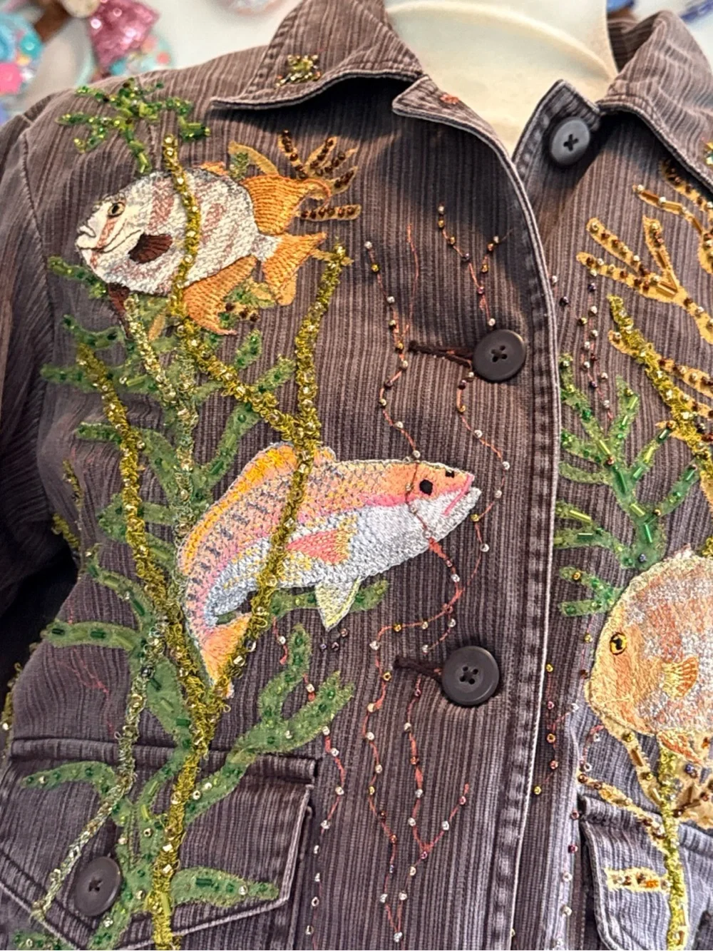 St. John's Bay Brown  Jacket with Embroidered Fish vintage embellished pretty - Picture 2 of 12